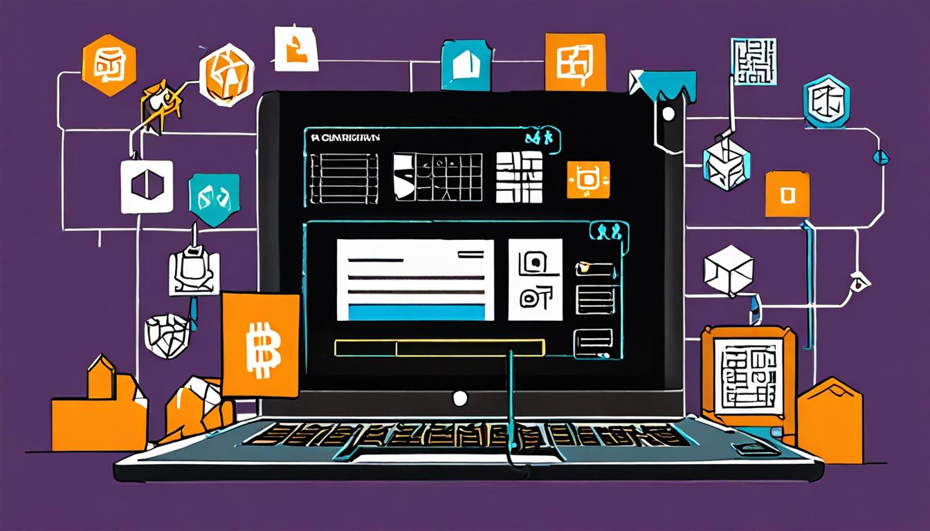A stylized illustration of a computer screen displaying a blockchain network with transactions and blocks
