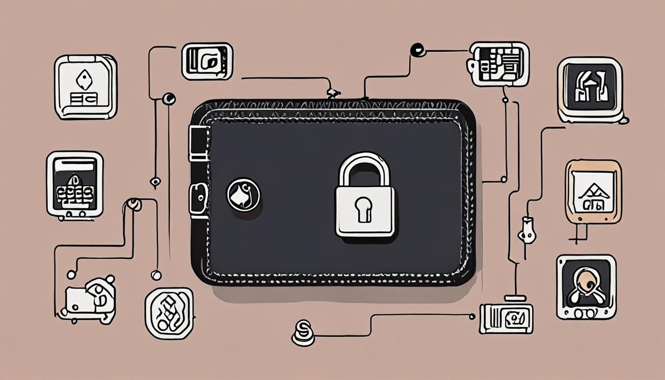 A simple illustration of a digital wallet with a lock and cryptocurrency symbols