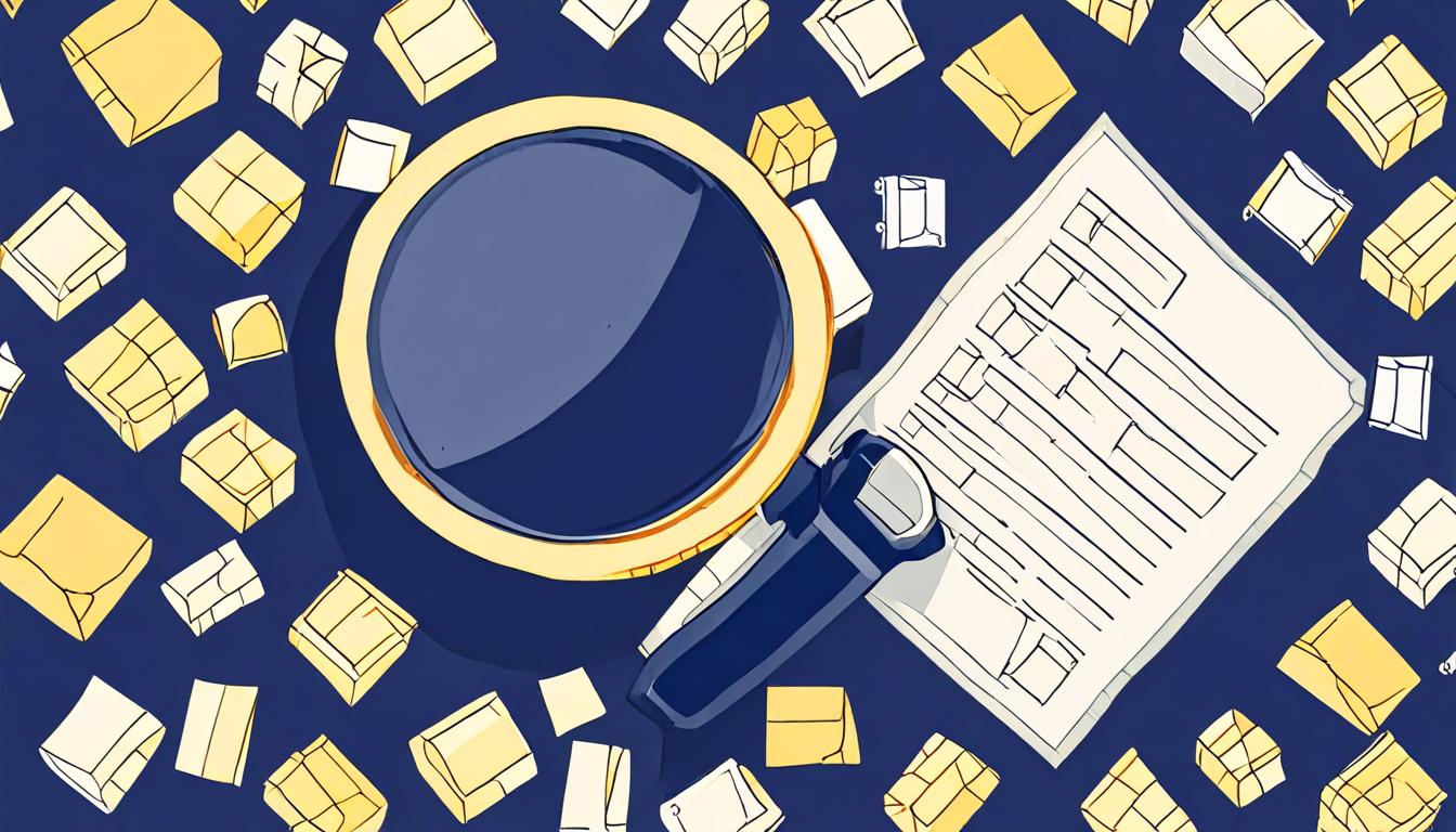 a magnifying glass over a simple glowing receipt made of connected blocks, navy and amber palette, minimal flat illustration