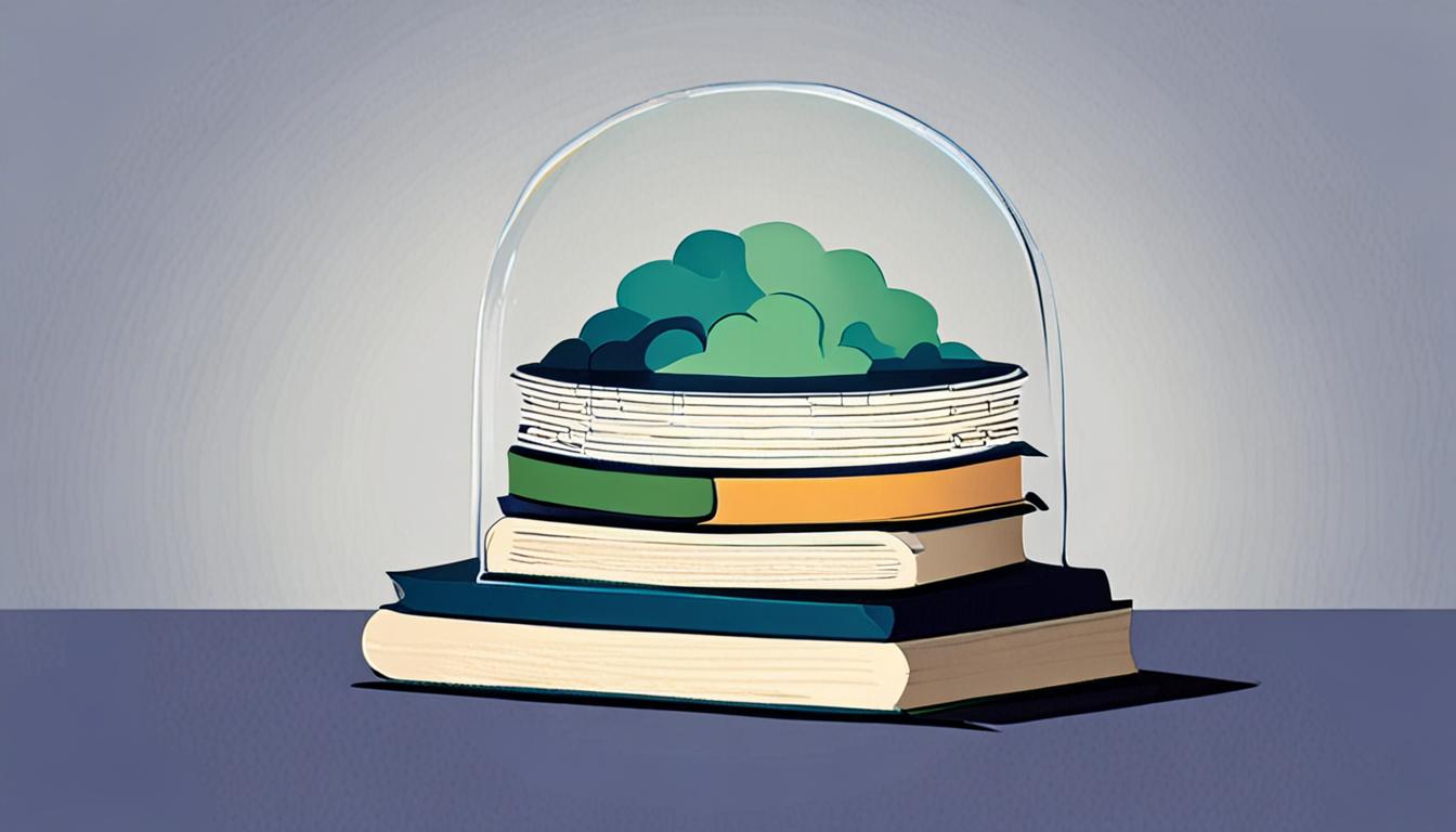 a stack of glowing pages inside a small glass dome, a fresh page arriving from a cloud above, dark blue and green palette, minimal flat illustration