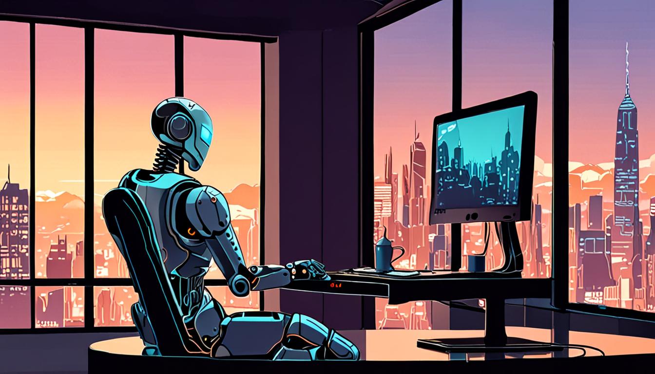 A futuristic robot chatting with a computer screen displaying a cityscape