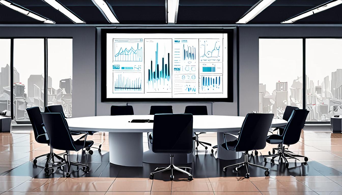 A futuristic conference room with a large screen displaying a language translation interface
