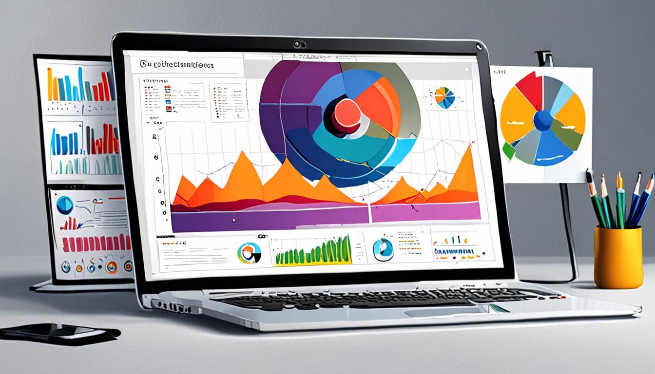 A laptop screen displaying a vibrant presentation slide with graphics and charts