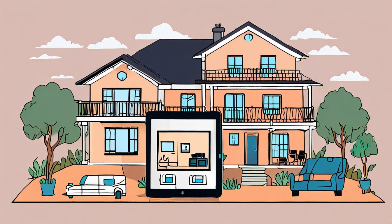 A modern smart home with surveillance cameras and a tablet displaying the camera feed
