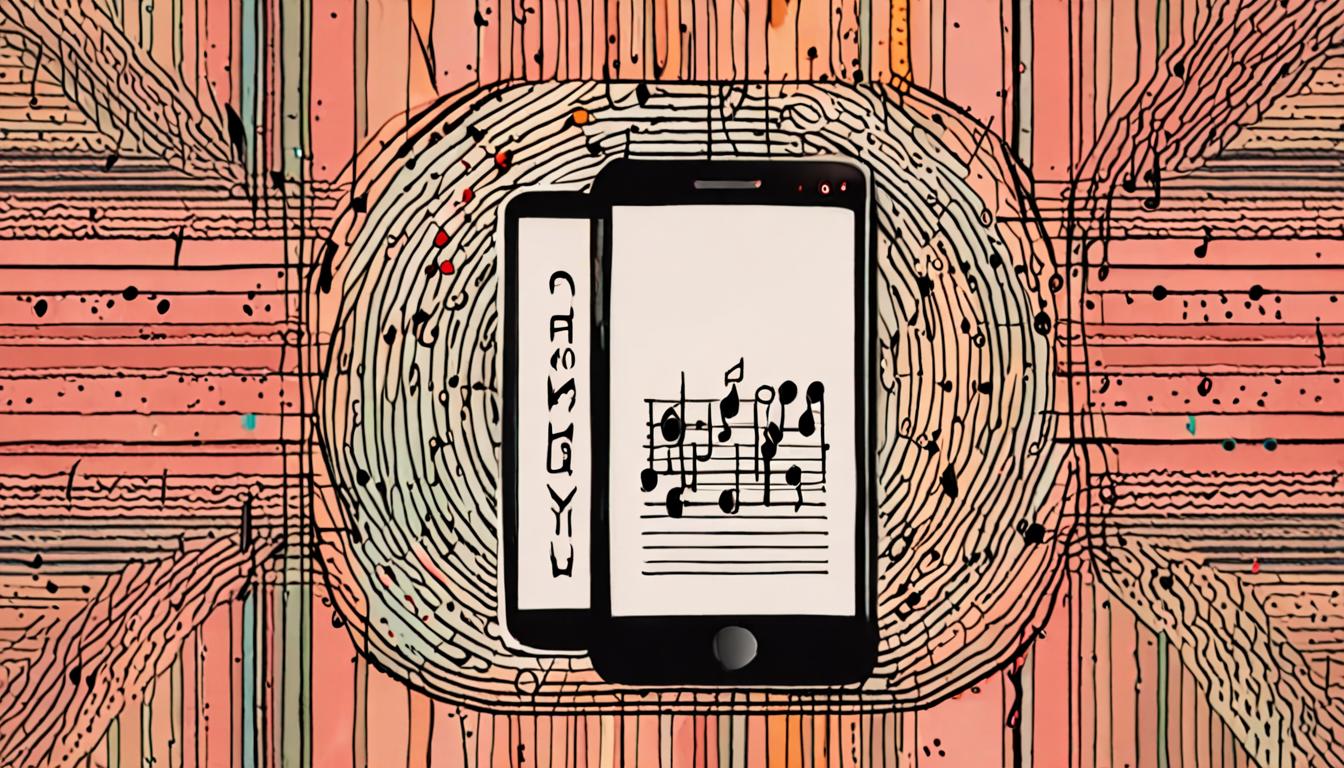 A stylized illustration of a smartphone with a video playing on its screen, surrounded by sound waves and music notes
