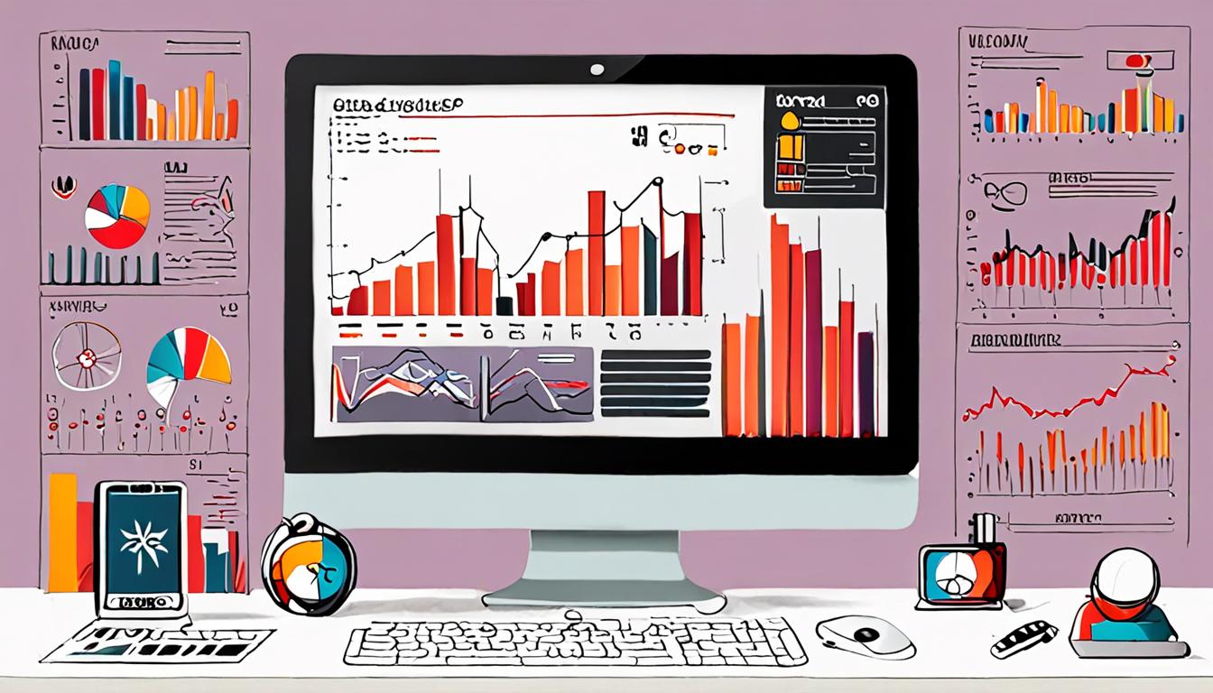 A colorful illustration of a computer screen displaying a stylized infographic with charts and icons