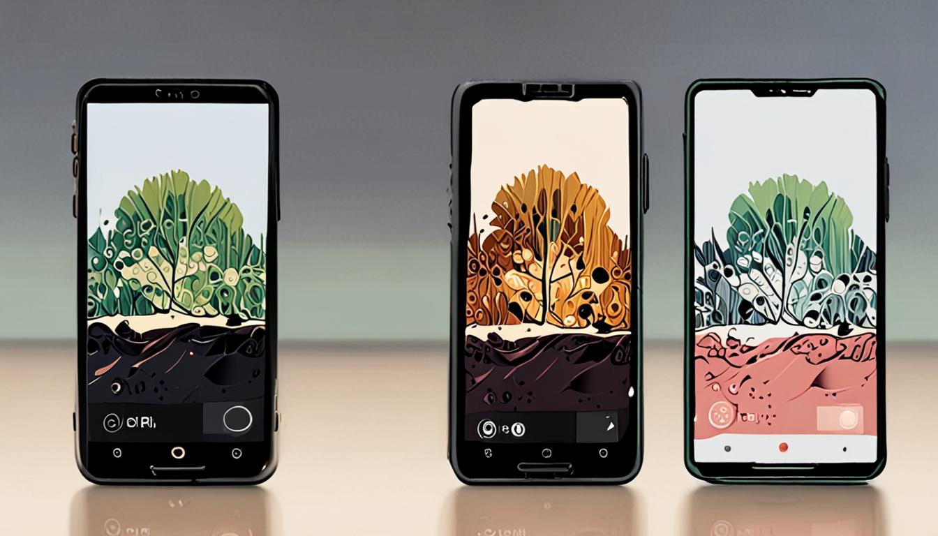 A stylized illustration of a smartphone screen displaying a before-and-after photo editing comparison