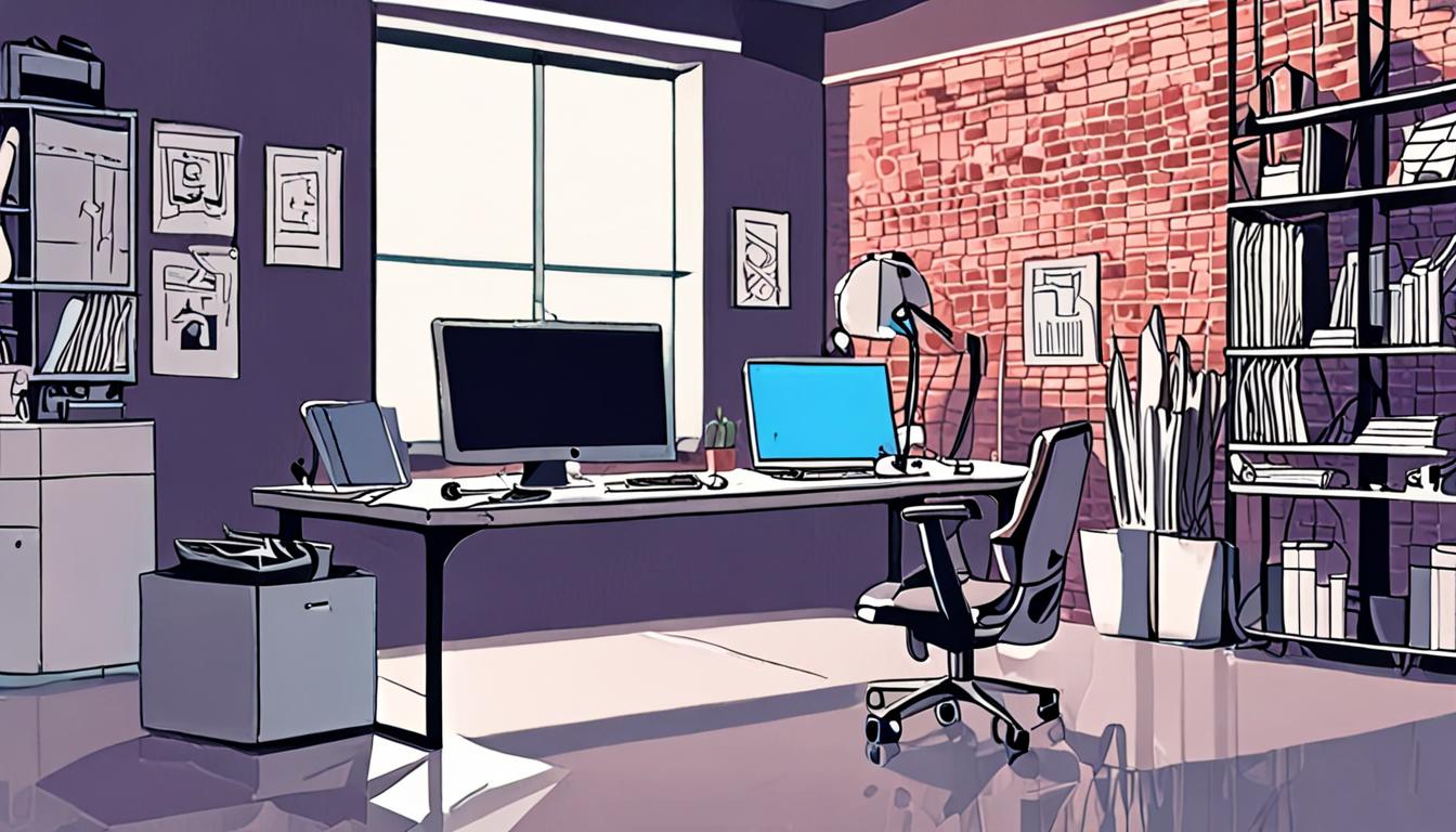 A futuristic desk with a computer and robotic arm in the background