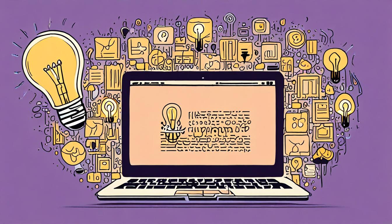 A stylized illustration of a laptop with a glowing lightbulb above it, surrounded by floating words and ideas