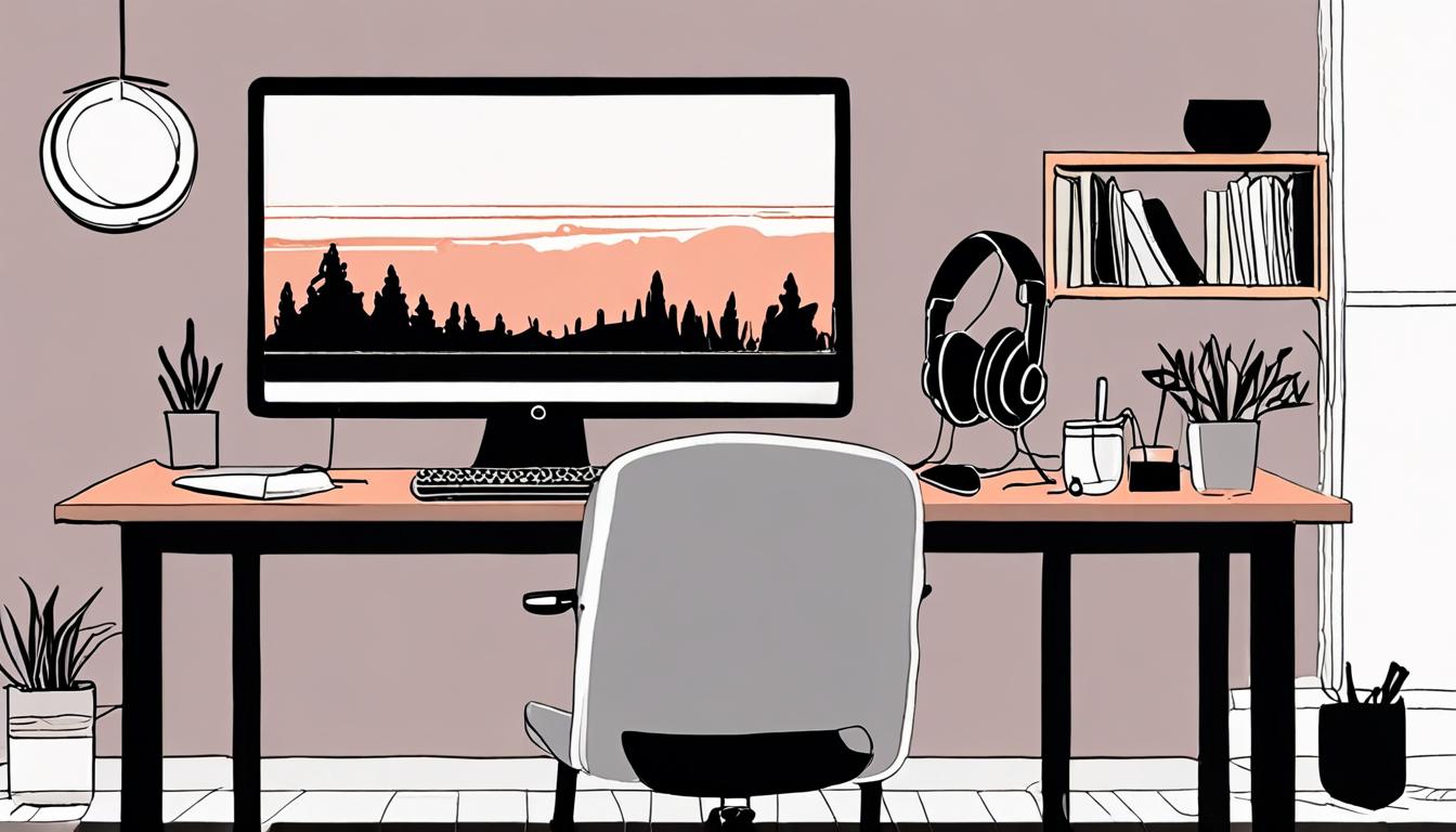 A minimalist workspace with a laptop and headphones surrounded by calming ambient lights