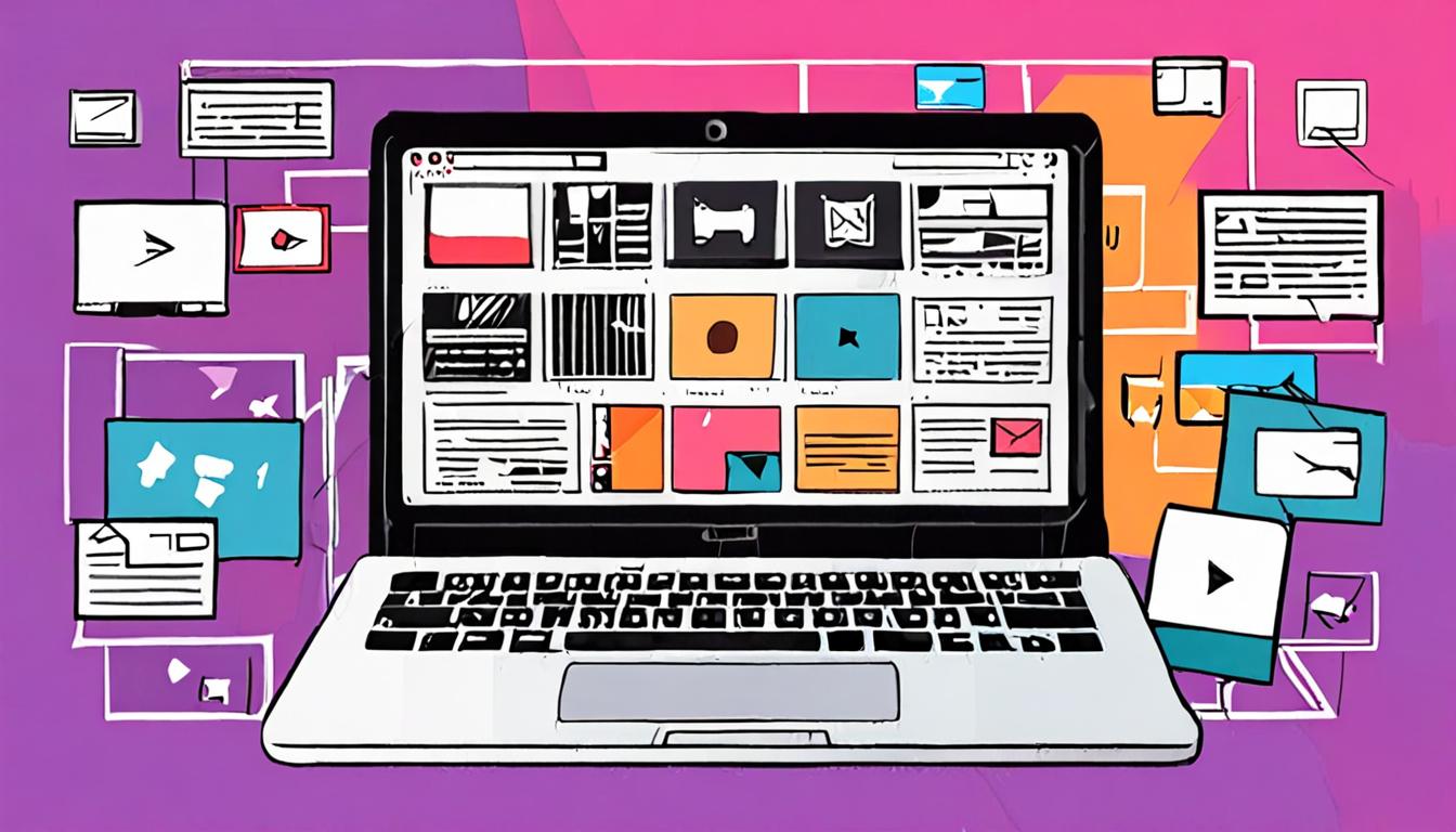 A futuristic illustration of a laptop with a YouTube video playing on the screen and colorful thumbnails surrounding it