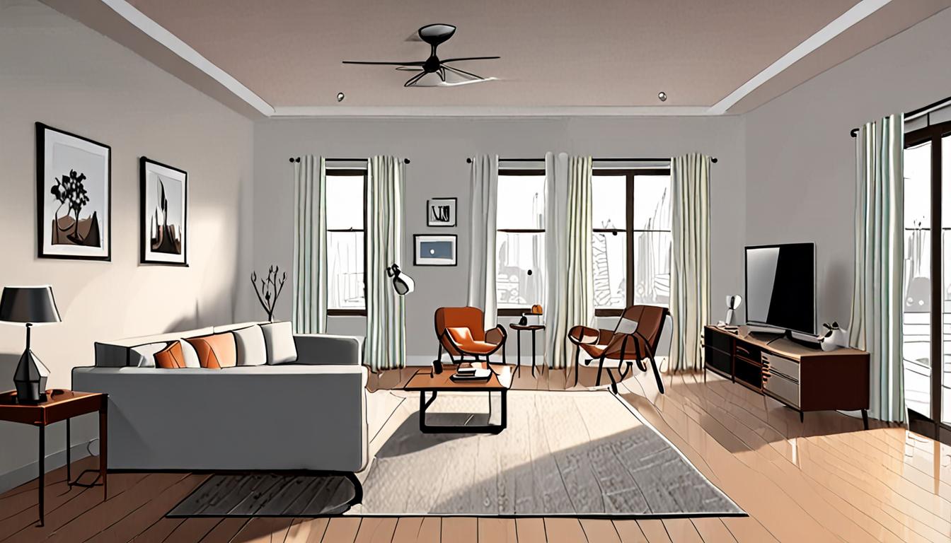 A minimalist living room with a laptop open to a floor plan design software