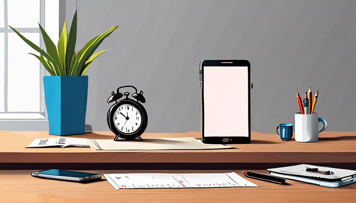 A calendar and clock on a desk with a smartphone nearby