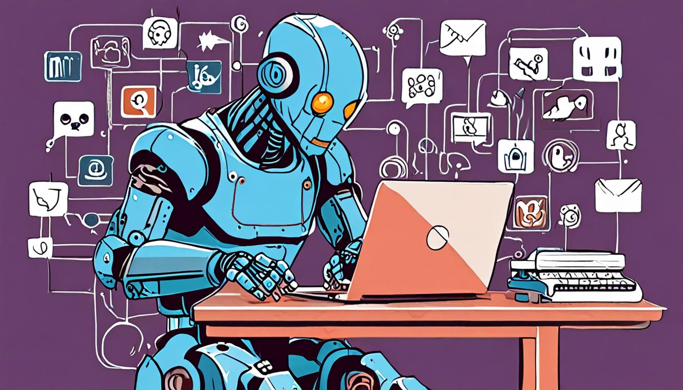 A stylized illustration of a robot typing on a laptop with social media symbols surrounding it