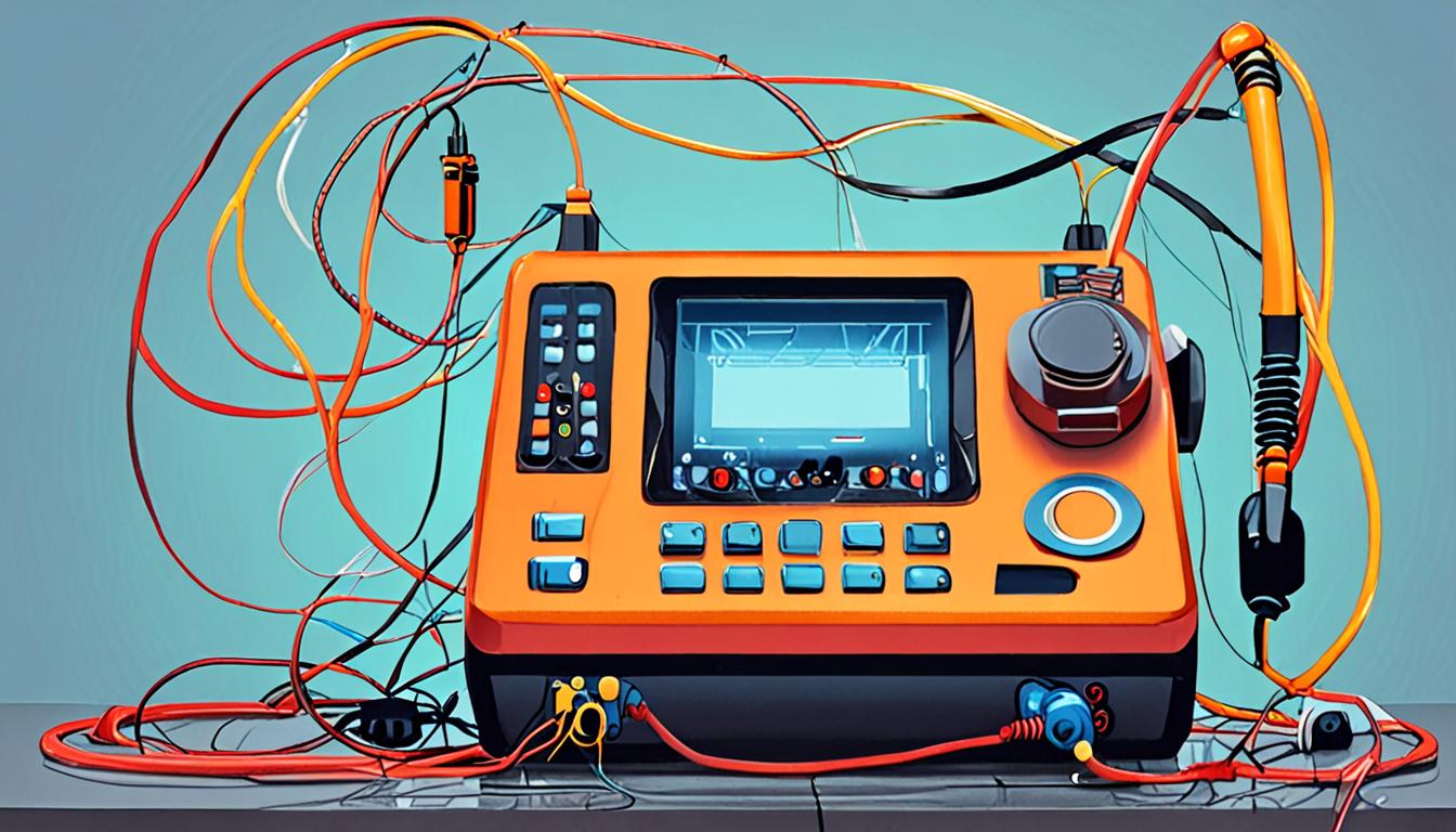 A futuristic phone system with colorful wires and robotic components