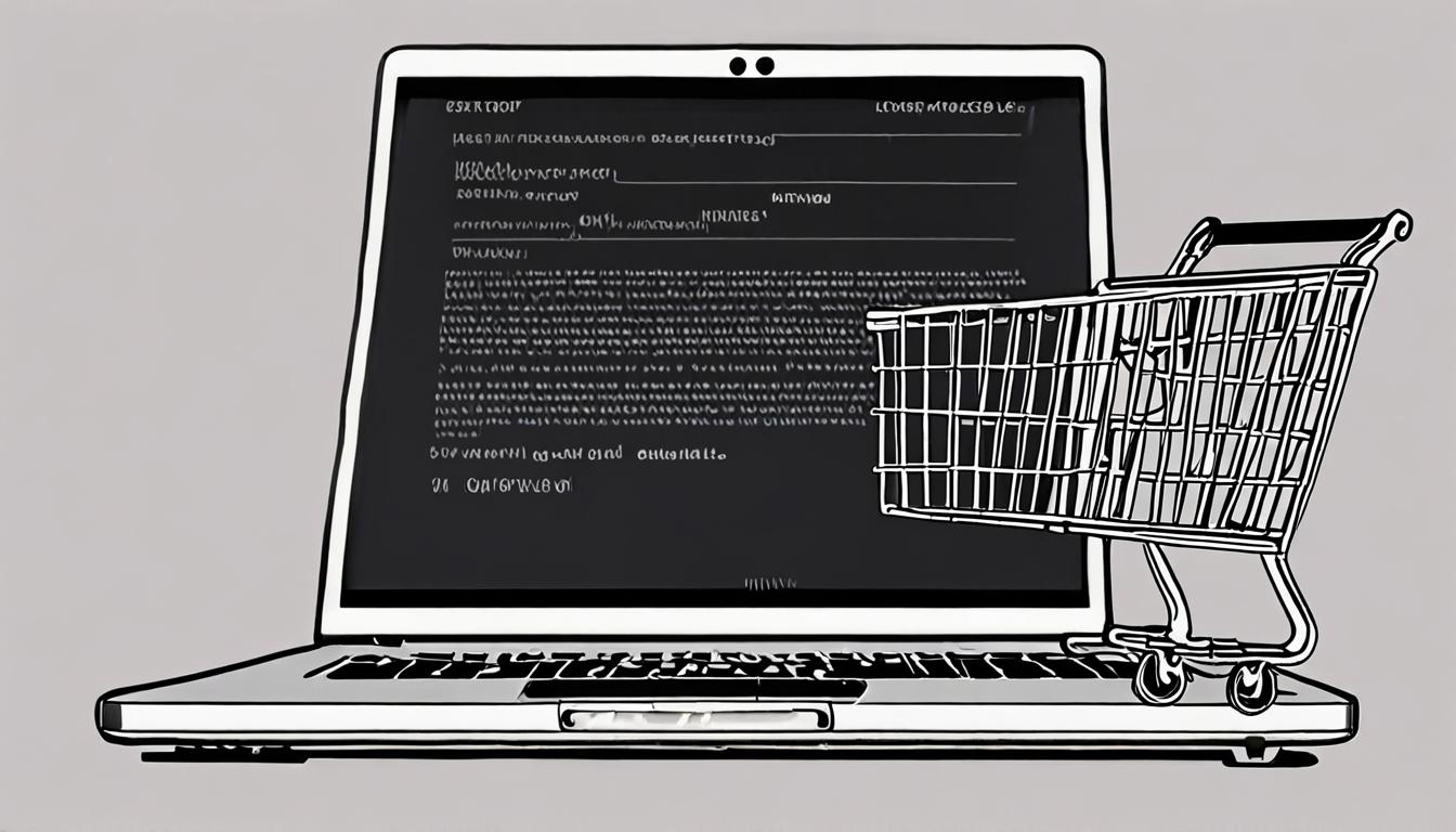 A laptop with a shopping cart and code snippets on the screen