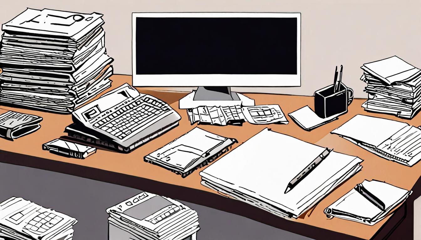A simple desk with a laptop, wallet, and calendar surrounded by tidy stacks of bills and receipts