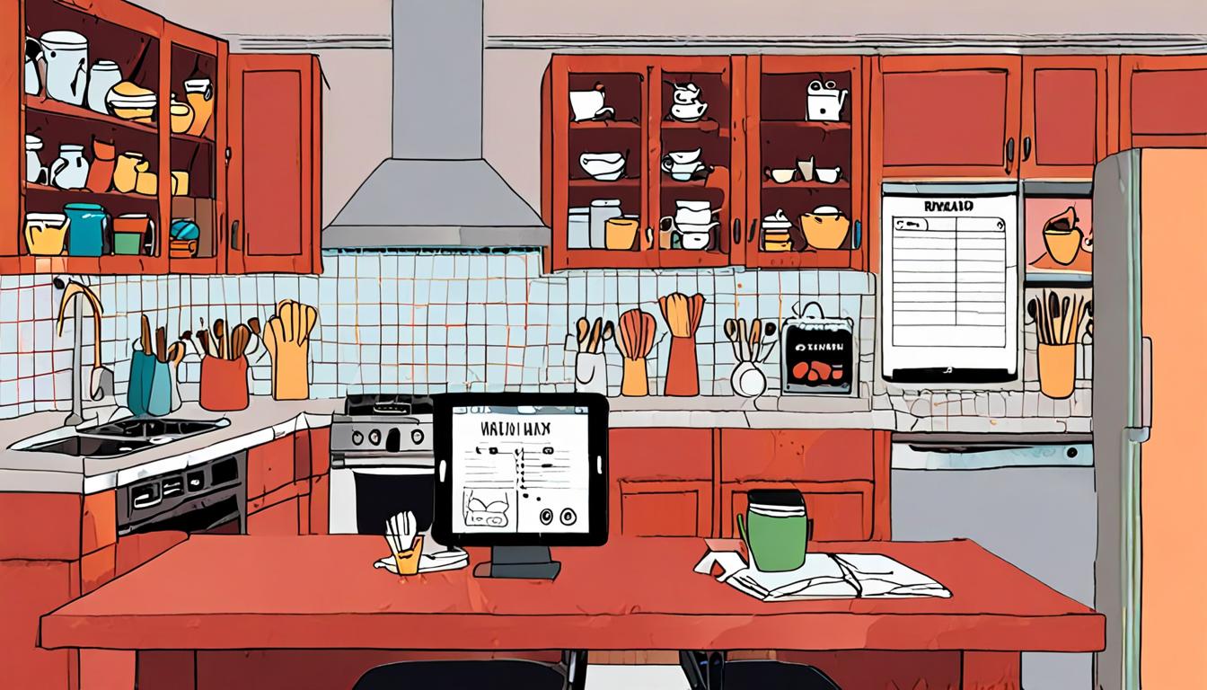 A colorful illustration of a kitchen with a tablet displaying a meal plan and a grocery list on the counter
