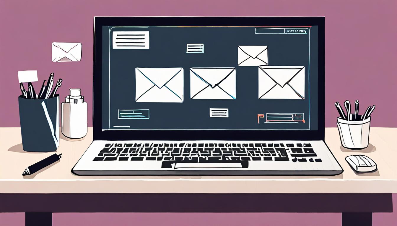 A stylized illustration of a computer screen displaying an email composition interface with automated tools