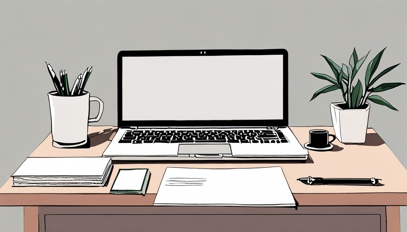 A minimalist desk with a laptop, business cards, and a pen
