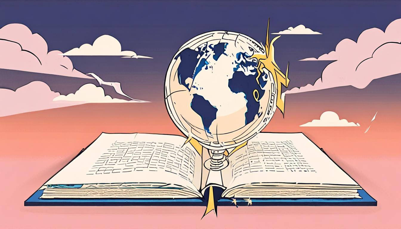 A stylized illustration of a document with a globe and a lightning bolt