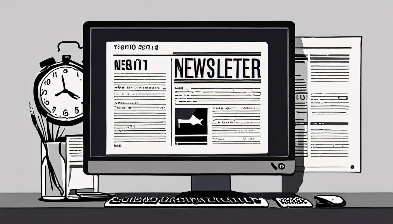 A stylized illustration of a computer screen displaying a newsletter template with a clock in the background
