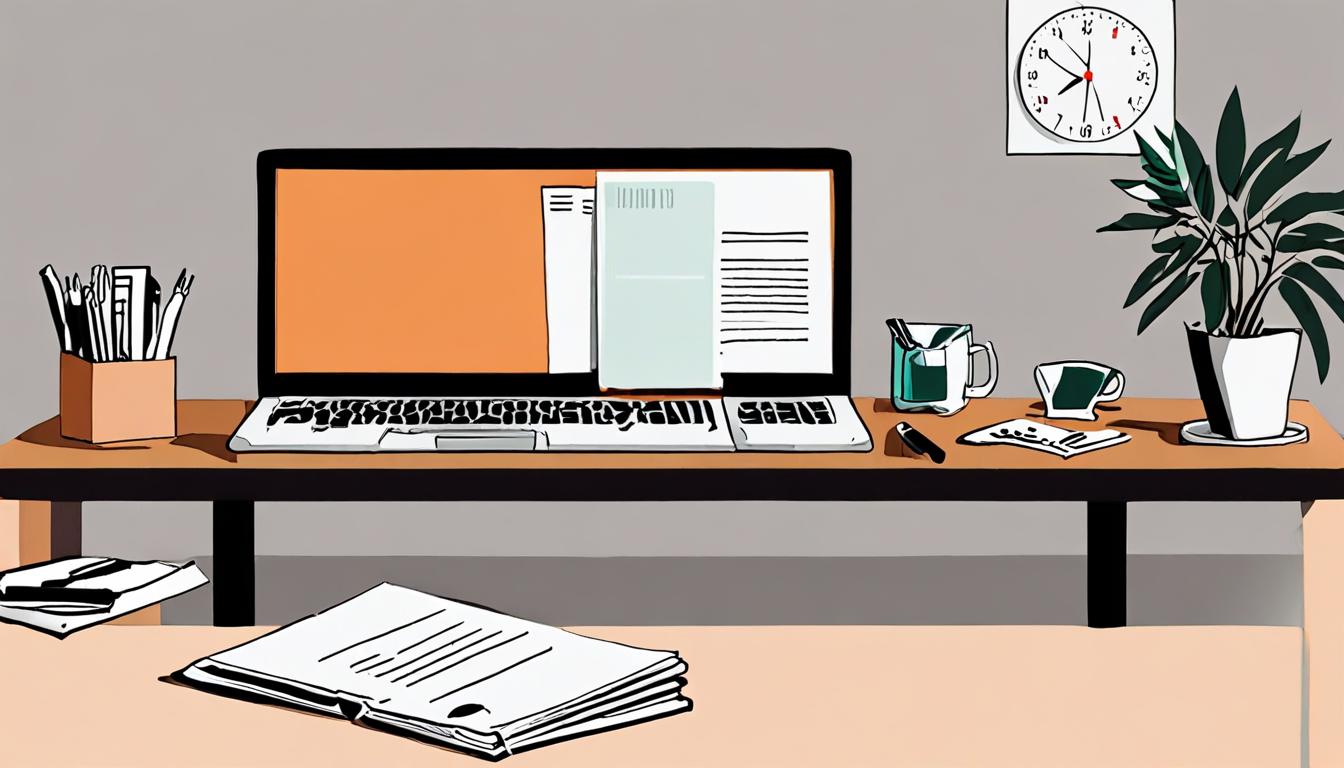 A minimalist desk with a laptop, invoice papers, and a clock in the background