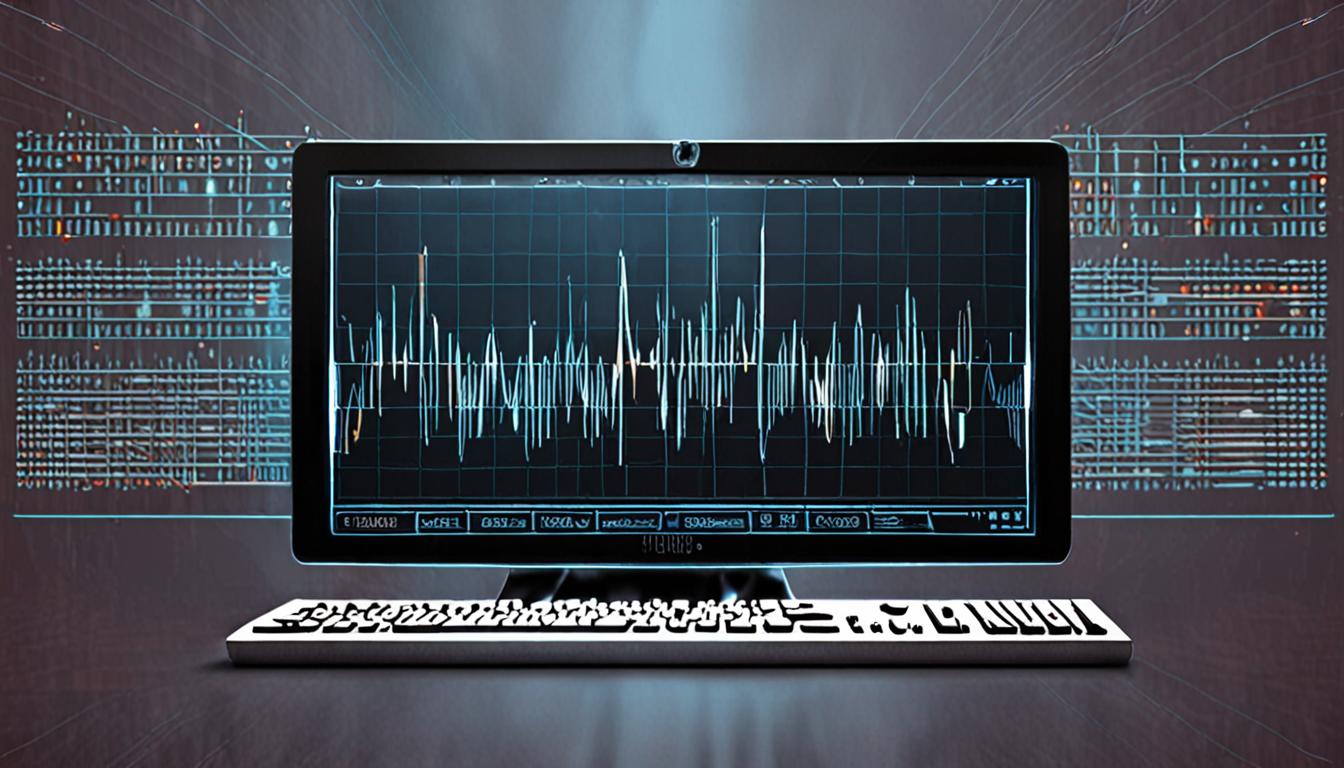 A futuristic computer screen displaying a script and audio waveform