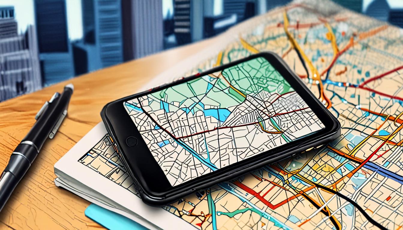 A smartphone with a language learning app open on a desk with a city map in the background