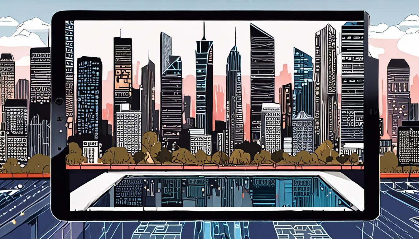 A futuristic cityscape with a tablet displaying a virtual home tour