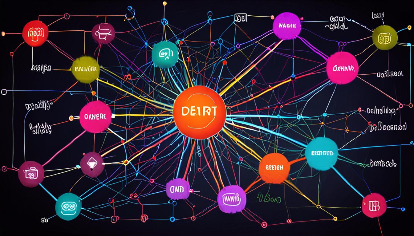A colorful digital mind map with glowing connections and nodes on a dark background