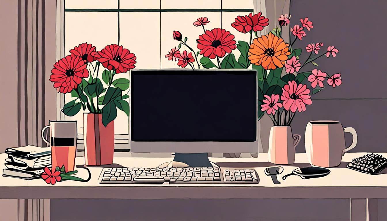 A futuristic desk with a laptop, keyboard, and blooming flowers around it