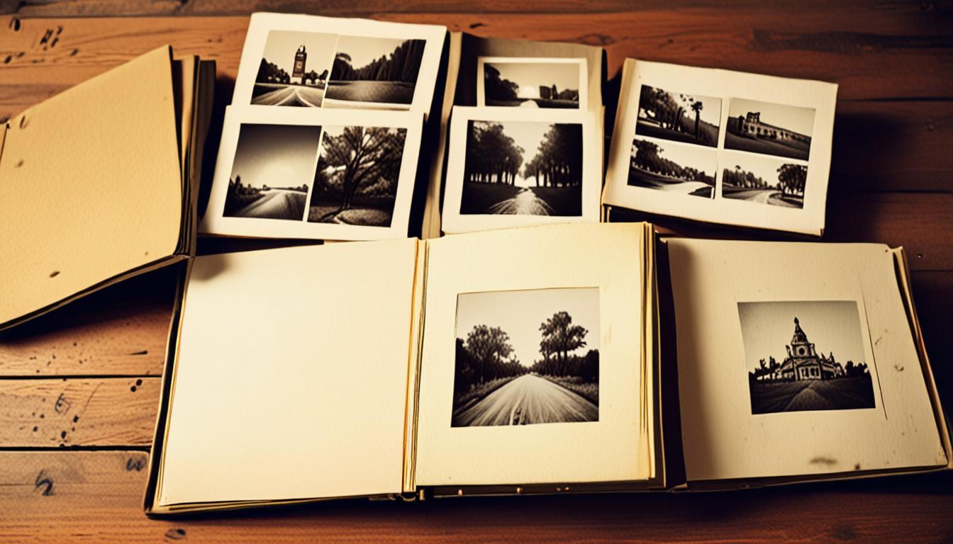 A vintage photo album with a few restored pictures on a wooden table