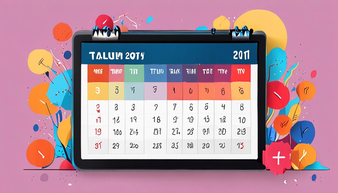 A colorful calendar with digital elements and a clock in the background