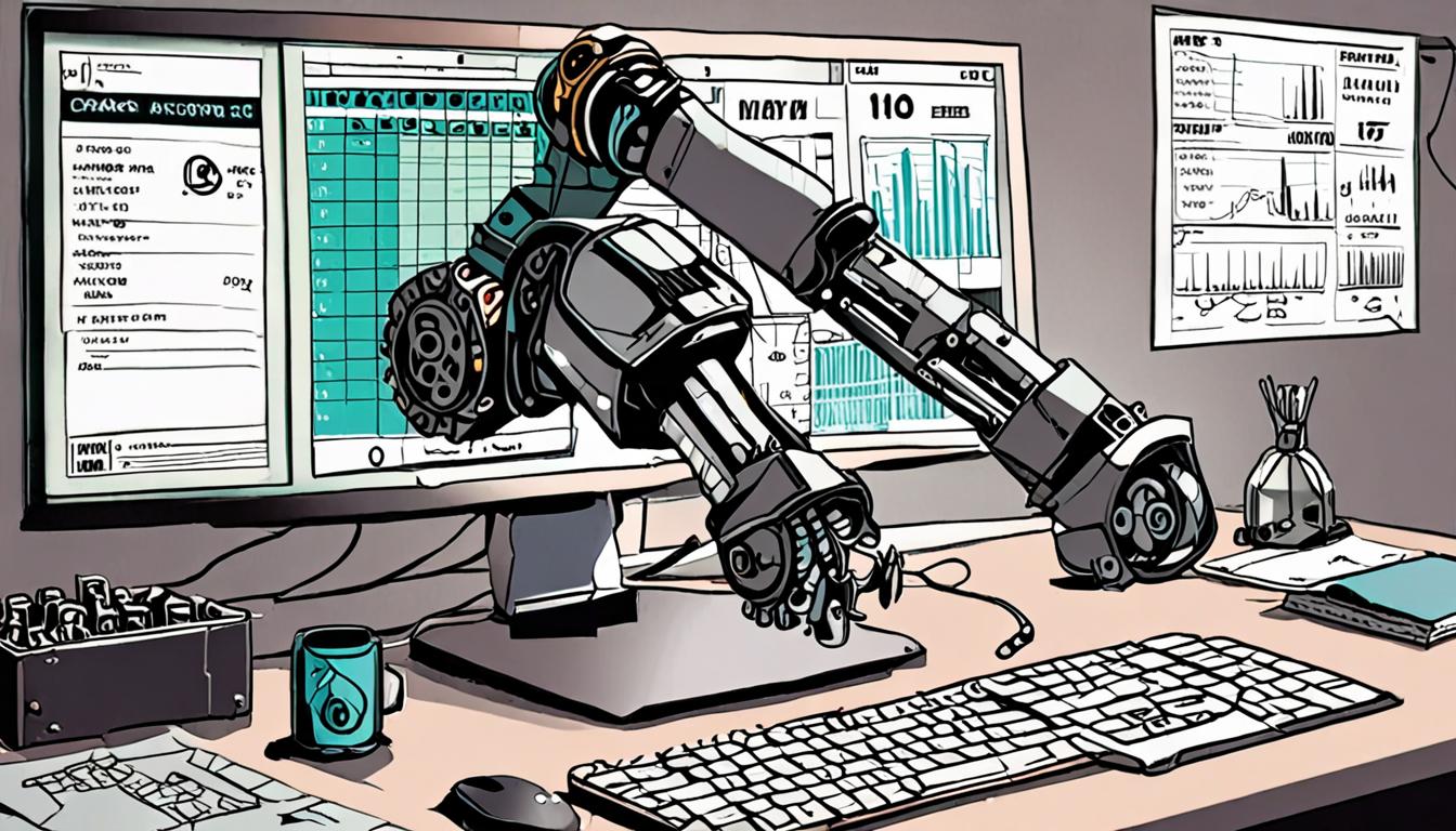 A computer screen displaying a spreadsheet with a robot arm in the background, surrounded by gears and cogs