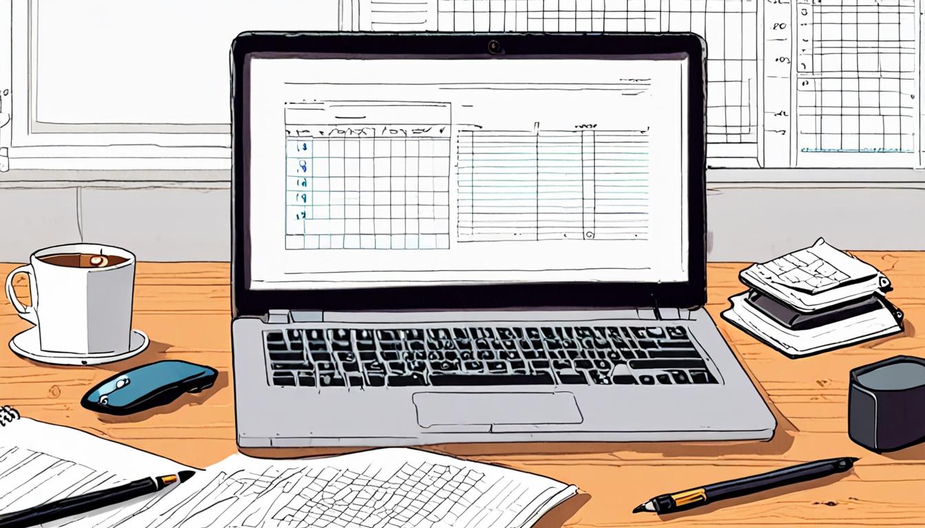 A laptop with a spreadsheet open on a cluttered desk with a clock in the background
