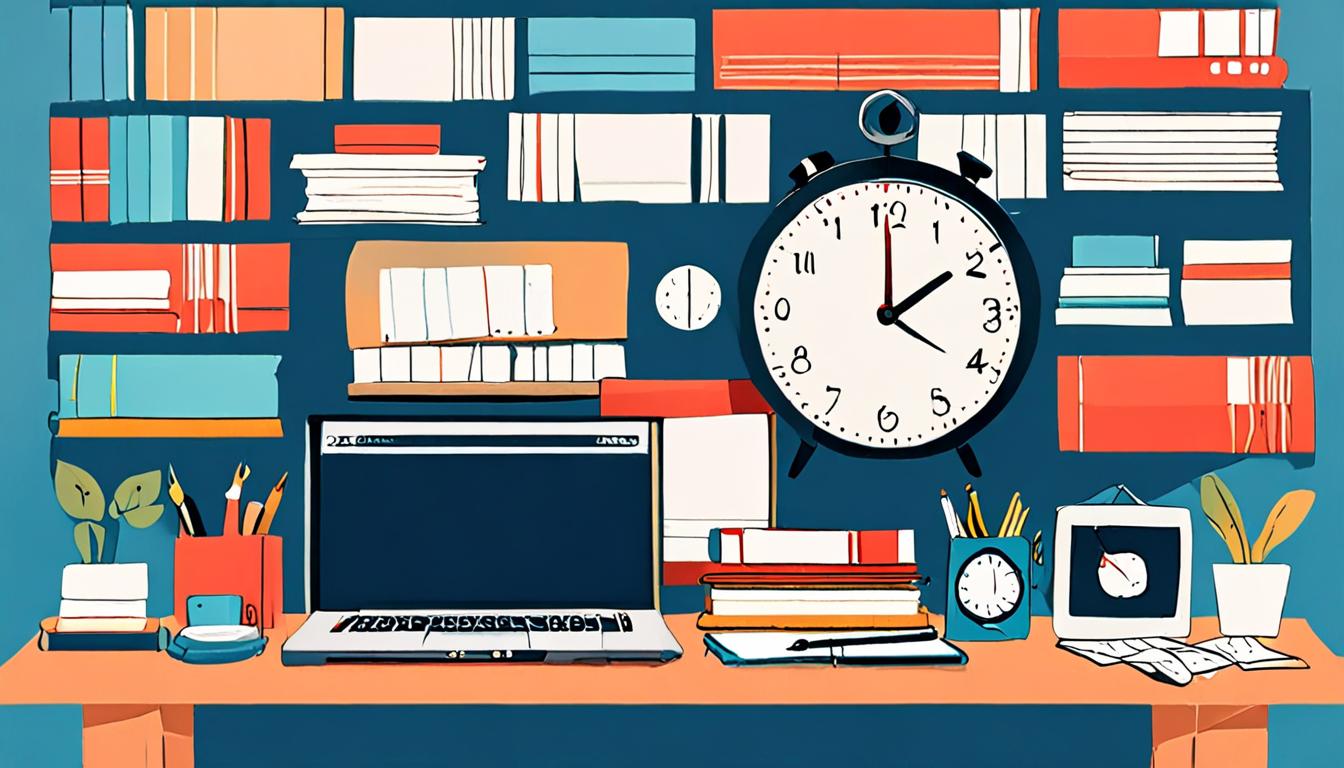 A clock and calendar surrounded by books and laptops on a desk