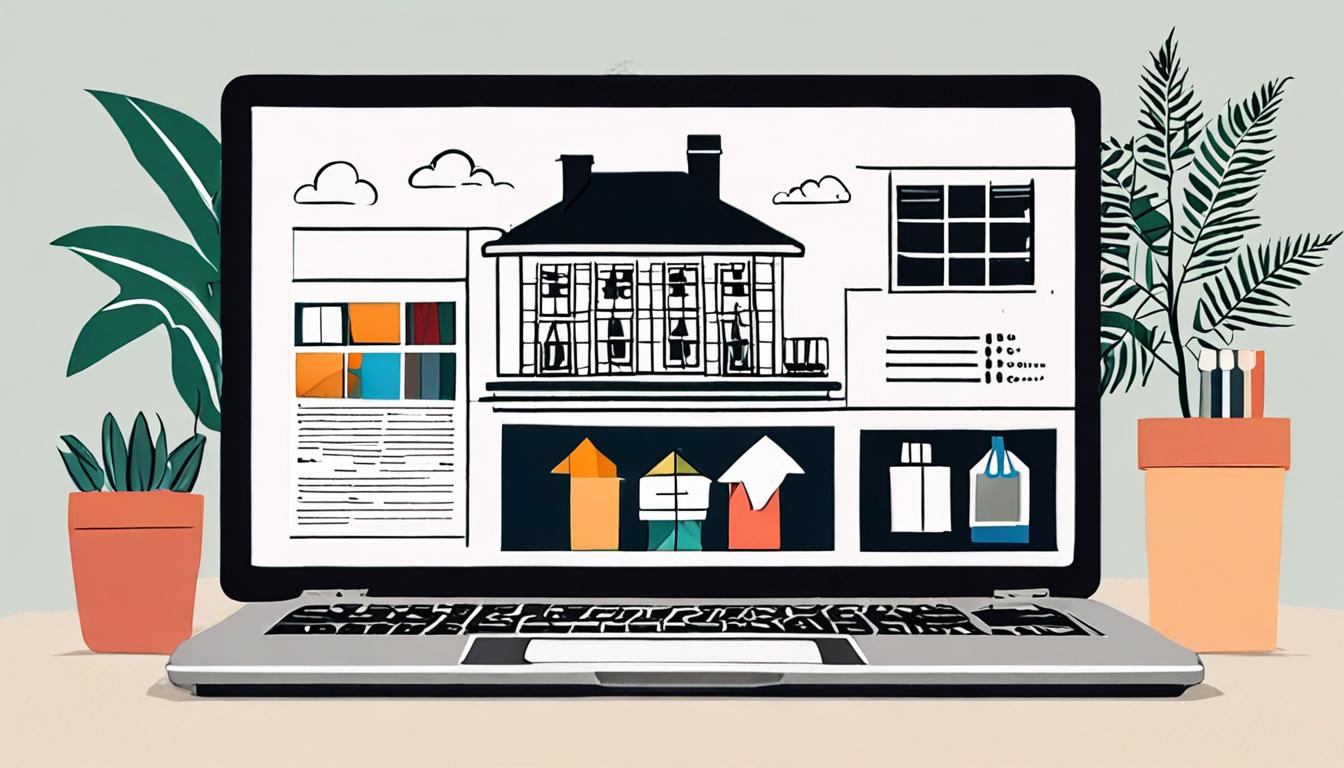 A stylized illustration of a laptop with a brochure template on the screen, surrounded by real estate symbols