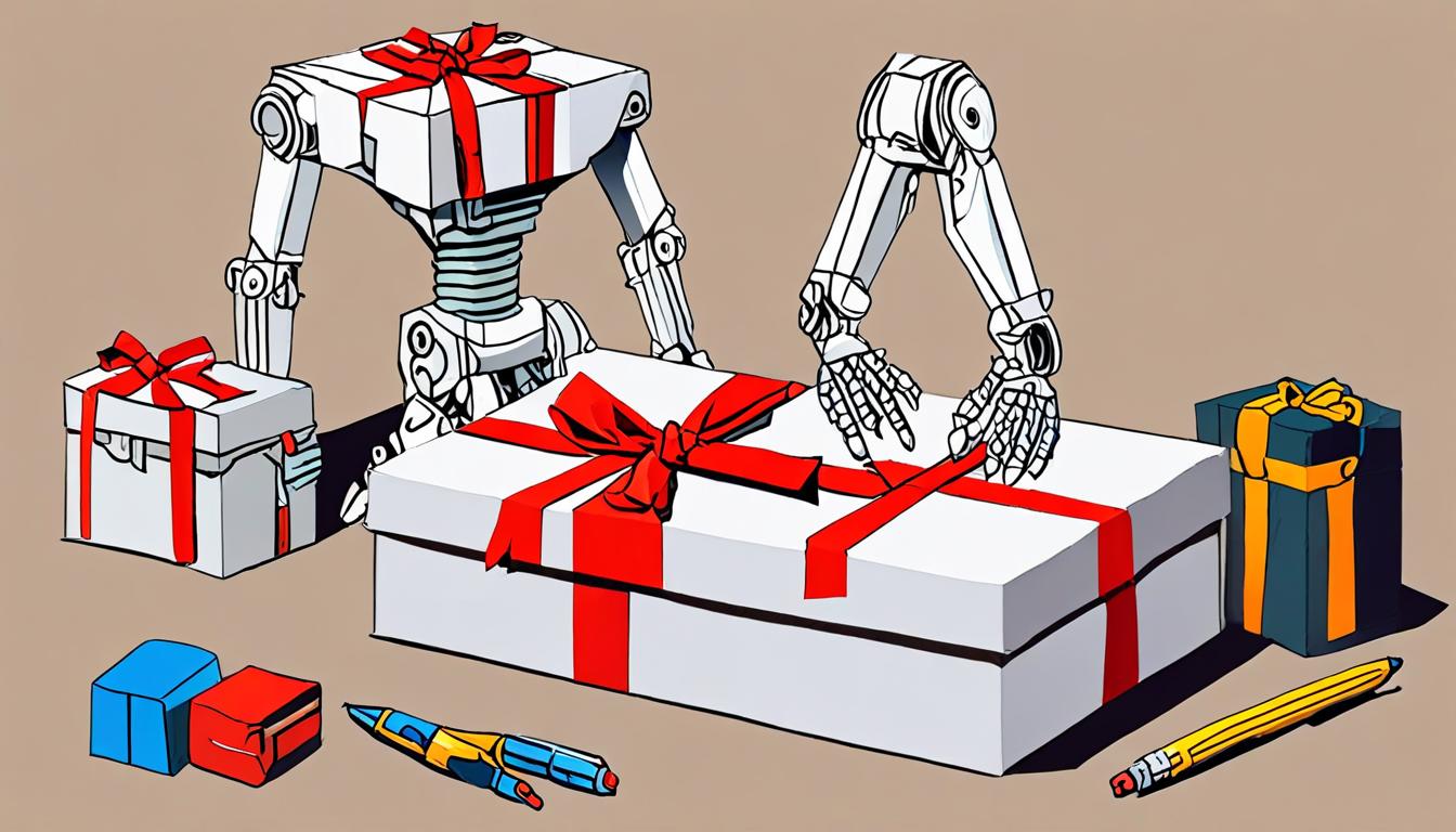 A colorful, wrapped gift box with a robotic arm holding a card and pen nearby