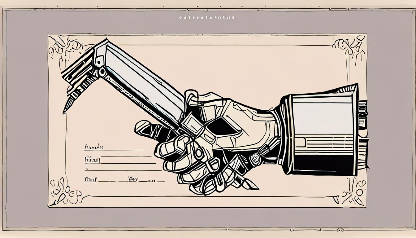 A colorful illustration of a certificate with a robotic hand holding a pen
