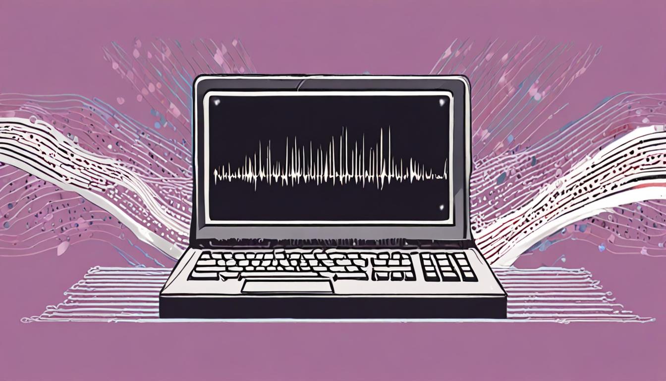 A stylized illustration of a computer with sound waves and text emerging from it