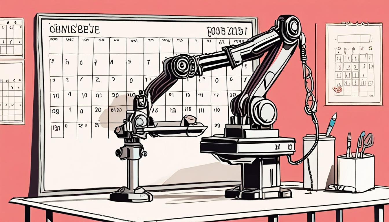 A stylized calendar with a robotic arm checking off tasks
