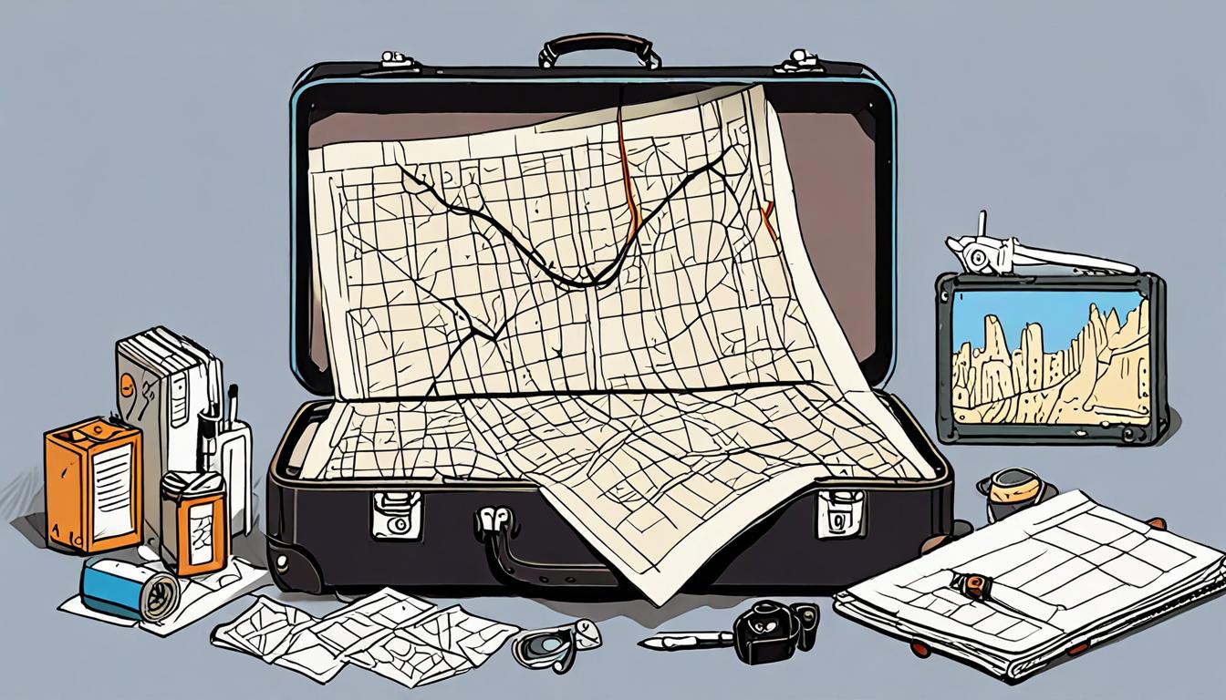 A suitcase with a map and a robotic arm holding a pencil, surrounded by travel brochures