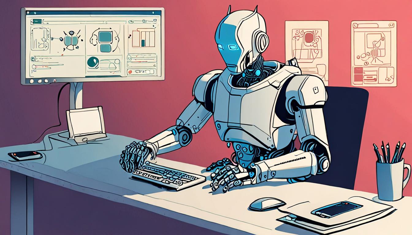 A futuristic robot sitting at a desk with a computer screen displaying chat conversations