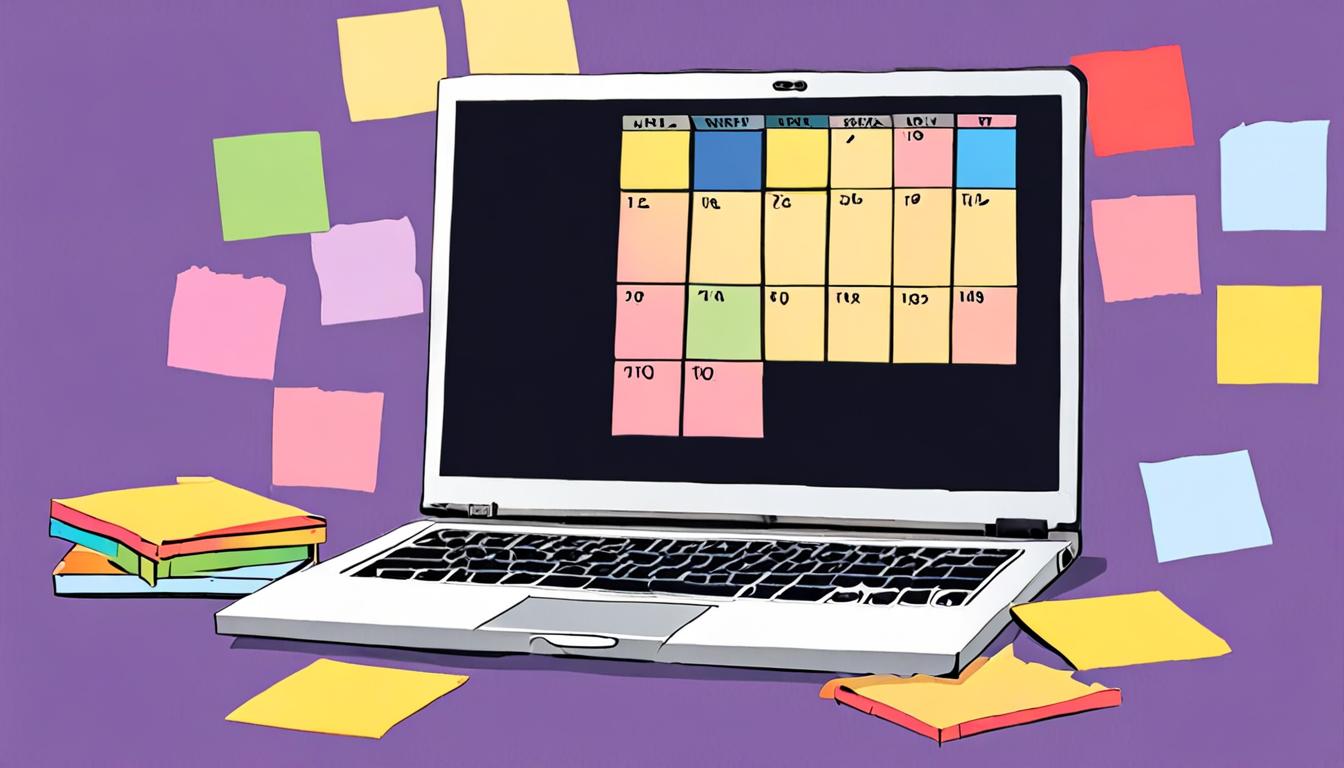A stylized calendar with colorful sticky notes and a laptop in the background