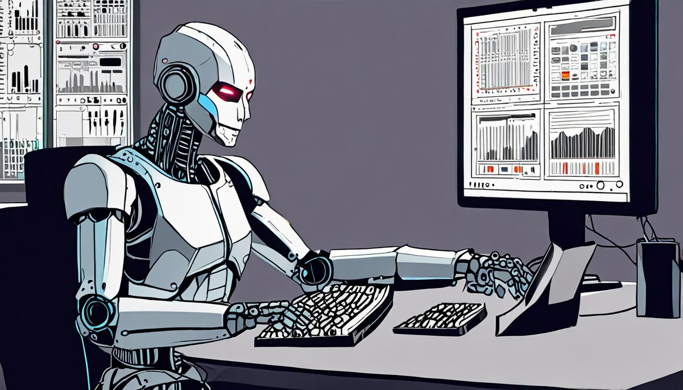 A futuristic robot interacting with a computer screen displaying code and data